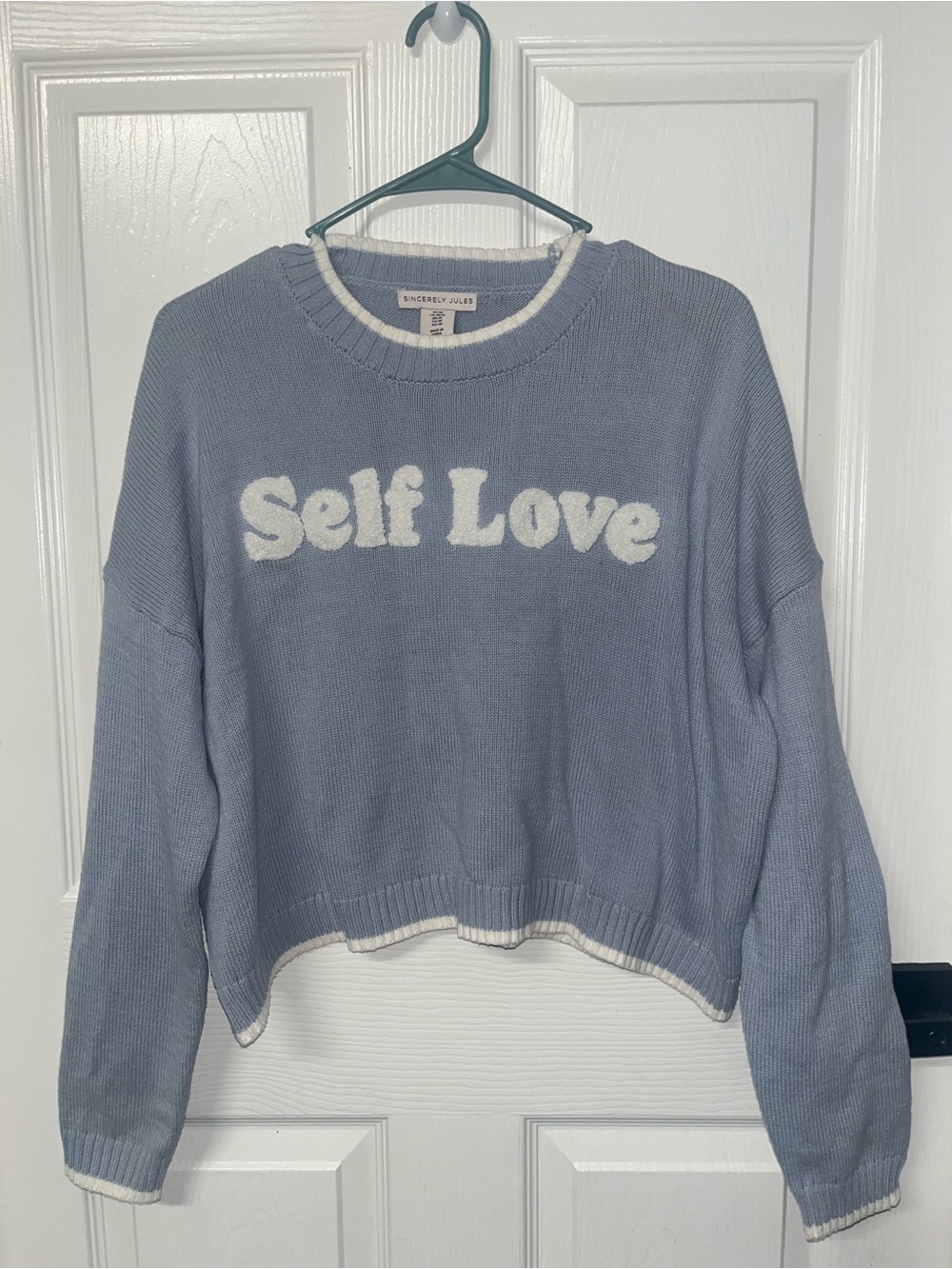 Sincerely Jules Self Love Crewneck Sweater Light blue Knit Pullover Medium